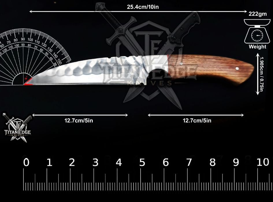 Custom Handcrafted Damascus/Carbon Steel Hunting Knife, 10-Inch Full Tang Skinning Blade, Bushcraft EDC Tool, Wood Handle Camping Tool
