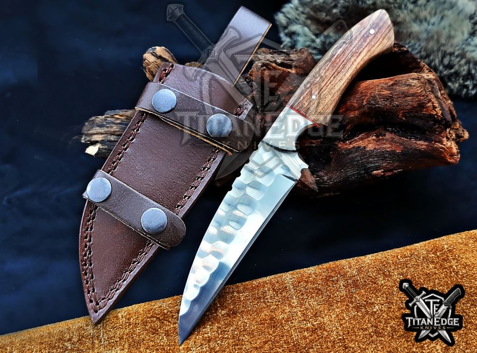 Custom Handcrafted Damascus/Carbon Steel Hunting Knife, 10-Inch Full Tang Skinning Blade, Bushcraft EDC Tool, Wood Handle Camping Tool