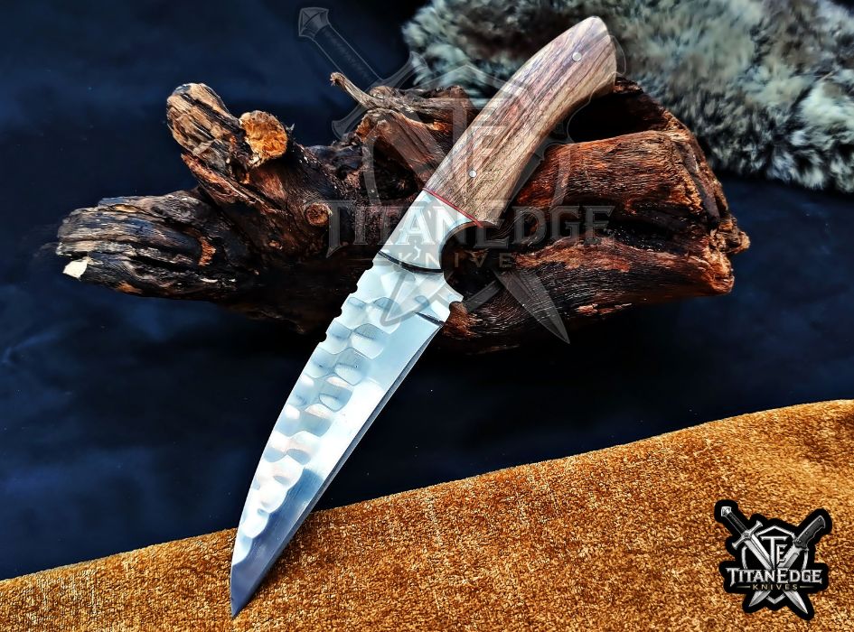 Custom Handcrafted Damascus/Carbon Steel Hunting Knife, 10-Inch Full Tang Skinning Blade, Bushcraft EDC Tool, Wood Handle Camping Tool