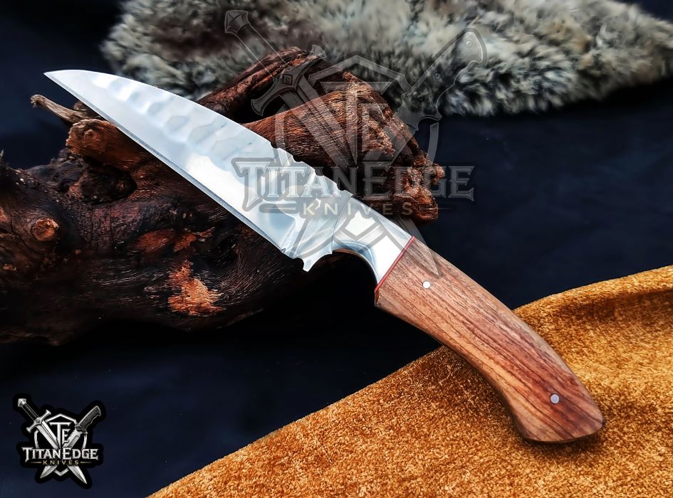 Custom Handcrafted Damascus/Carbon Steel Hunting Knife, 10-Inch Full Tang Skinning Blade, Bushcraft EDC Tool, Wood Handle Camping Tool