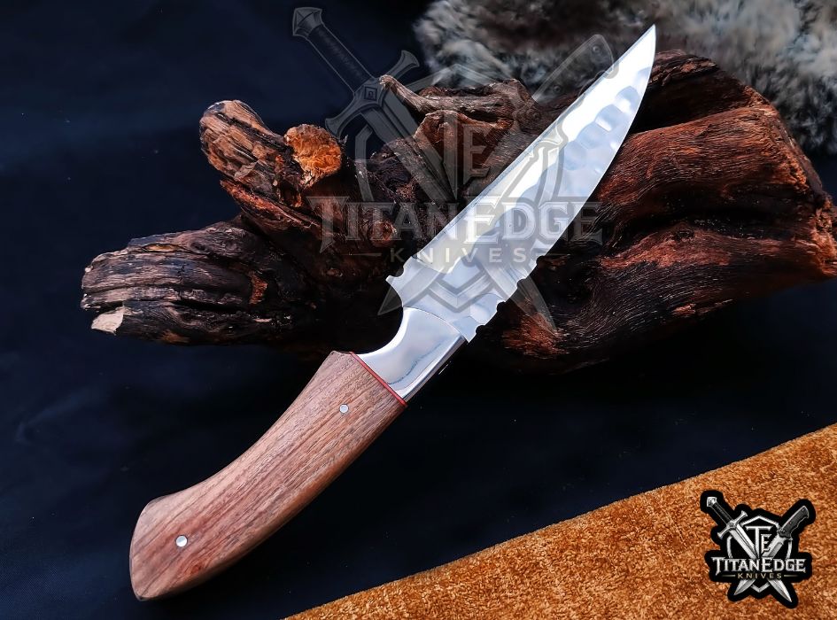 Custom Handcrafted Damascus/Carbon Steel Hunting Knife, 10-Inch Full Tang Skinning Blade, Bushcraft EDC Tool, Wood Handle Camping Tool