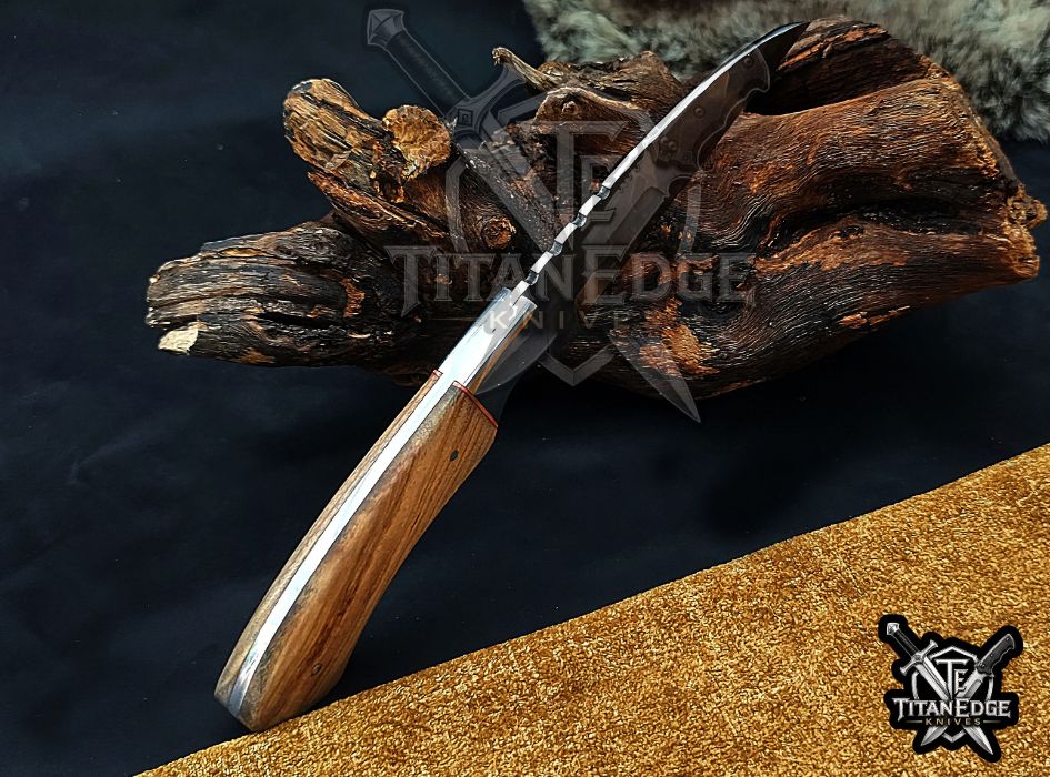 Custom Handcrafted Damascus/Carbon Steel Hunting Knife, 10-Inch Full Tang Skinning Blade, Bushcraft EDC Tool, Wood Handle Camping Tool