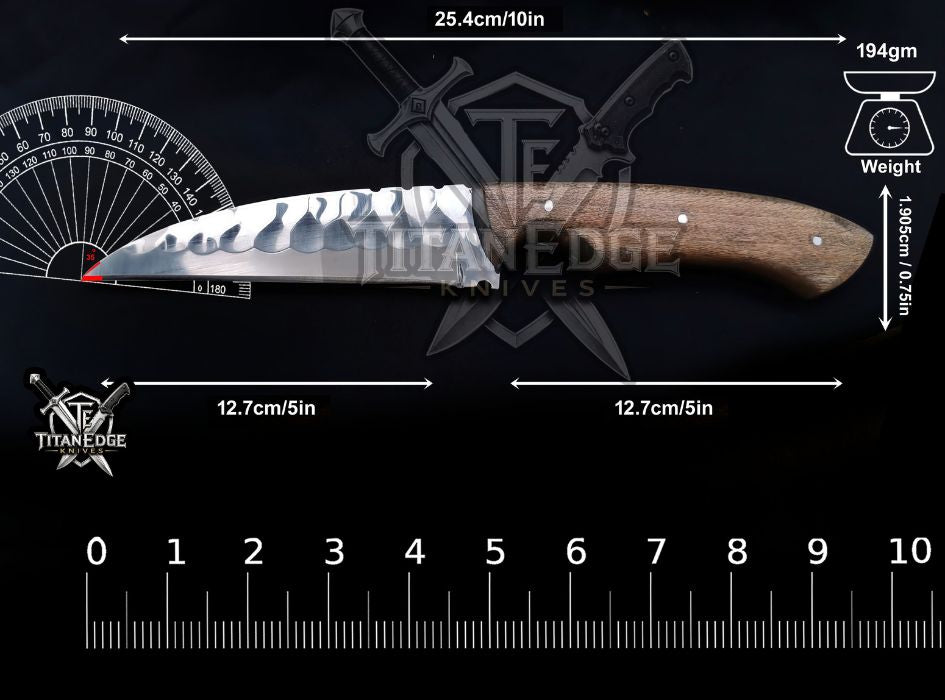 Custom Handcrafted Damascus/Carbon Steel Hunting Knife, 10-Inch Full Tang Skinning Blade, Bushcraft EDC Tool, Wood Handle Camping Tool