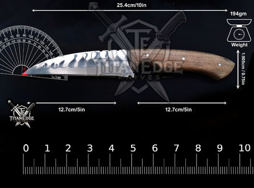 Custom Handcrafted Damascus/Carbon Steel Hunting Knife, 10-Inch Full Tang Skinning Blade, Bushcraft EDC Tool, Wood Handle Camping Tool