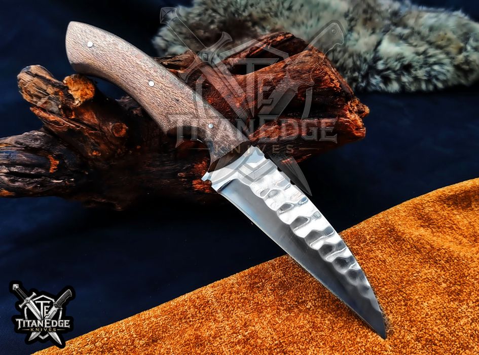 Custom Handcrafted Damascus/Carbon Steel Hunting Knife, 10-Inch Full Tang Skinning Blade, Bushcraft EDC Tool, Wood Handle Camping Tool