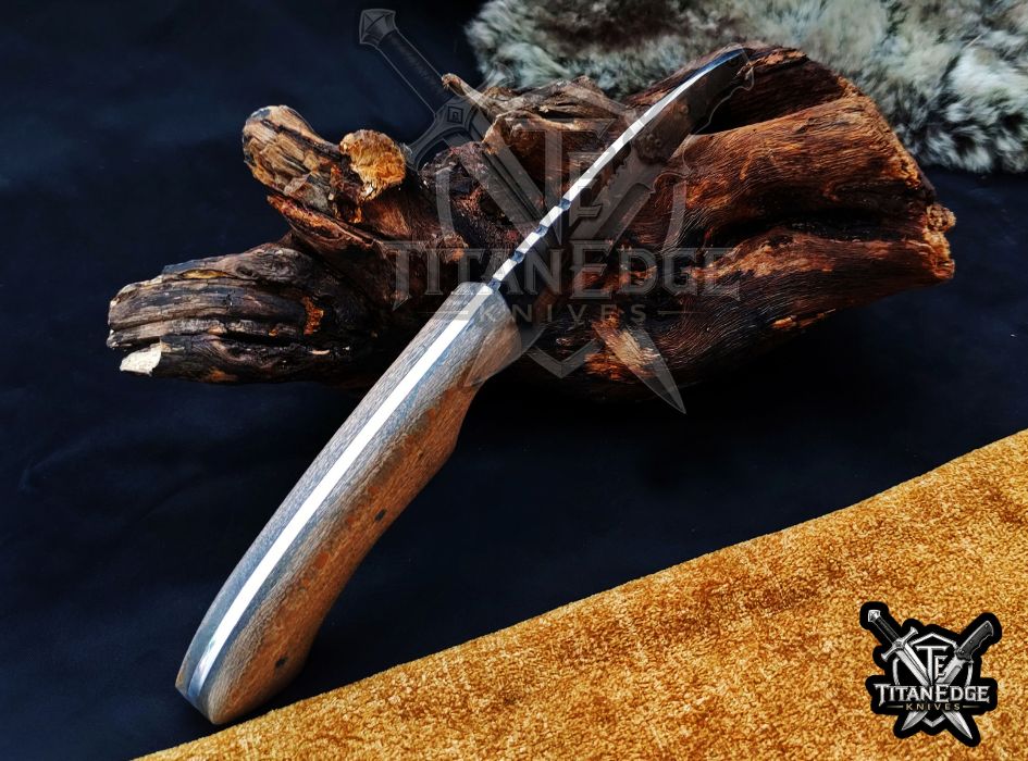 Custom Handcrafted Damascus/Carbon Steel Hunting Knife, 10-Inch Full Tang Skinning Blade, Bushcraft EDC Tool, Wood Handle Camping Tool