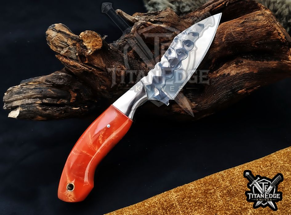 Custom Handcrafted Damascus/Carbon Steel Hunting Knife, 8-Inch Full Tang Skinning Blade, Bushcraft EDC Tool, Resin Handle Camping Tool
