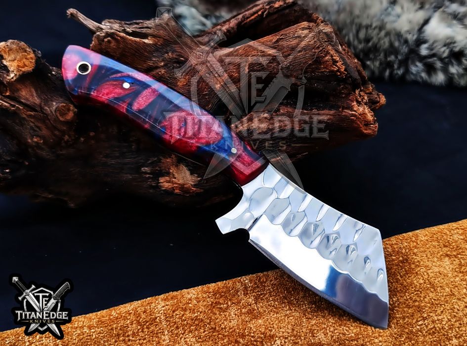 Custom Handcrafted Damascus/Carbon Steel Hunting Knife, 8-Inch Full Tang Skinning Blade, Bushcraft EDC Tool, Resin Handle Camping Tool
