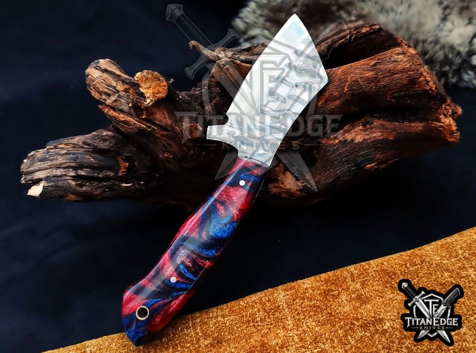 Custom Handcrafted Damascus/Carbon Steel Hunting Knife, 8-Inch Full Tang Skinning Blade, Bushcraft EDC Tool, Resin Handle Camping Tool