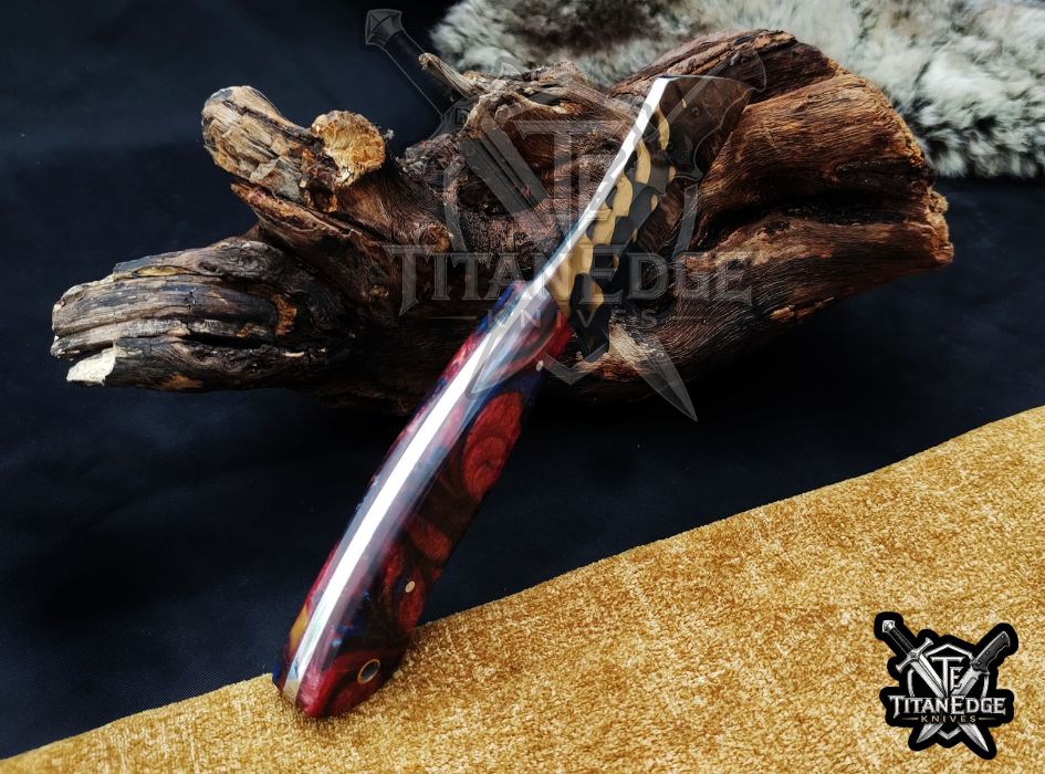 Custom Handcrafted Damascus/Carbon Steel Hunting Knife, 8-Inch Full Tang Skinning Blade, Bushcraft EDC Tool, Resin Handle Camping Tool