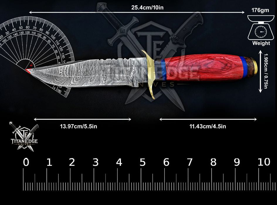 Custom Handcrafted Damascus  Hunting Knife, 10-Inch Full Tang Skinning Blade, Bushcraft EDC Tool, Wood Handle Camping Tool