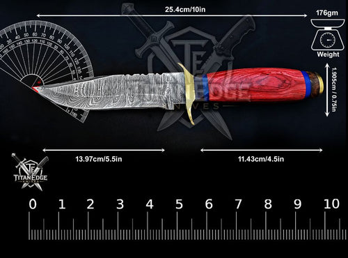 Custom Handcrafted Damascus  Hunting Knife, 10-Inch Full Tang Skinning Blade, Bushcraft EDC Tool, Wood Handle Camping Tool