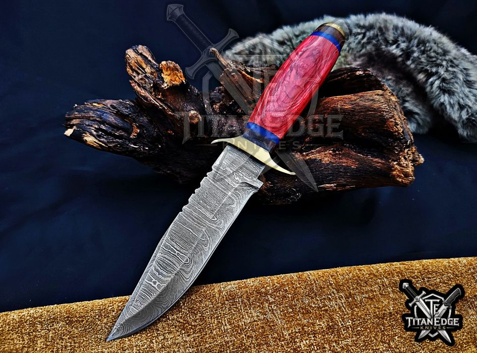 Custom Handcrafted Damascus  Hunting Knife, 10-Inch Full Tang Skinning Blade, Bushcraft EDC Tool, Wood Handle Camping Tool