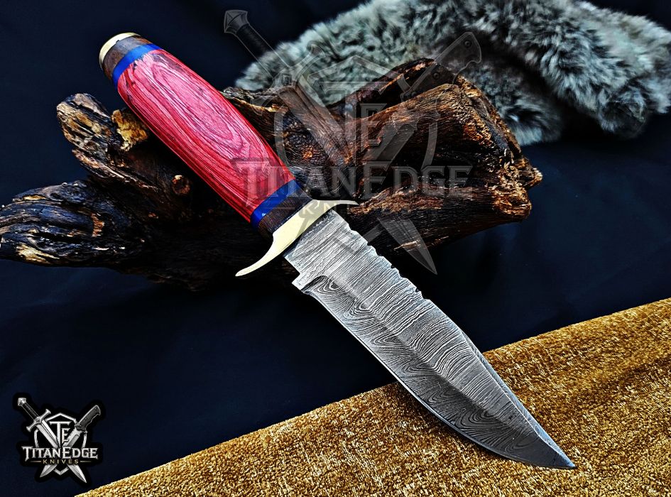 Custom Handcrafted Damascus  Hunting Knife, 10-Inch Full Tang Skinning Blade, Bushcraft EDC Tool, Wood Handle Camping Tool