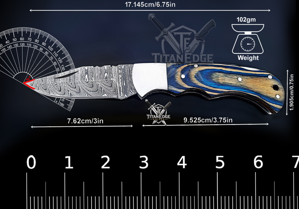 Personalized Handmade 6.75"Damascus Steel Pocket Knife, Folding EDC Hunting Knife, Wood Handle, Groomsmen Gift With Leather Sheath