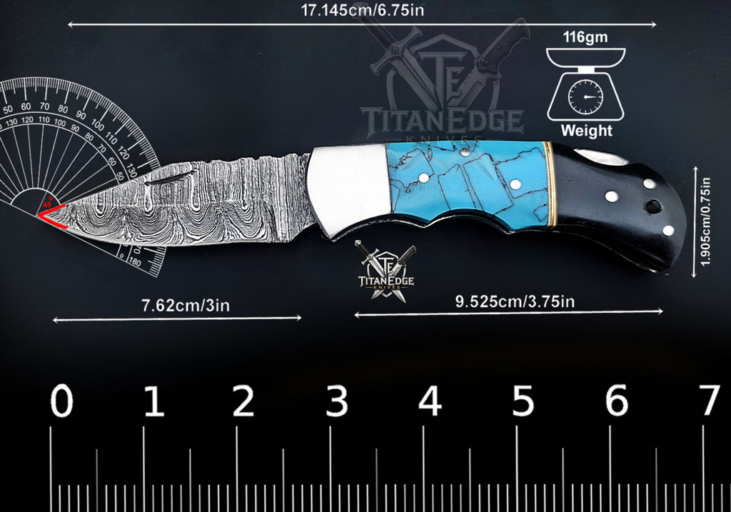Personalized Handmade 6.75"Damascus Steel Pocket Knife, Folding EDC Hunting Knife, Resin Handle, Groomsmen Gift With Leather Sheath
