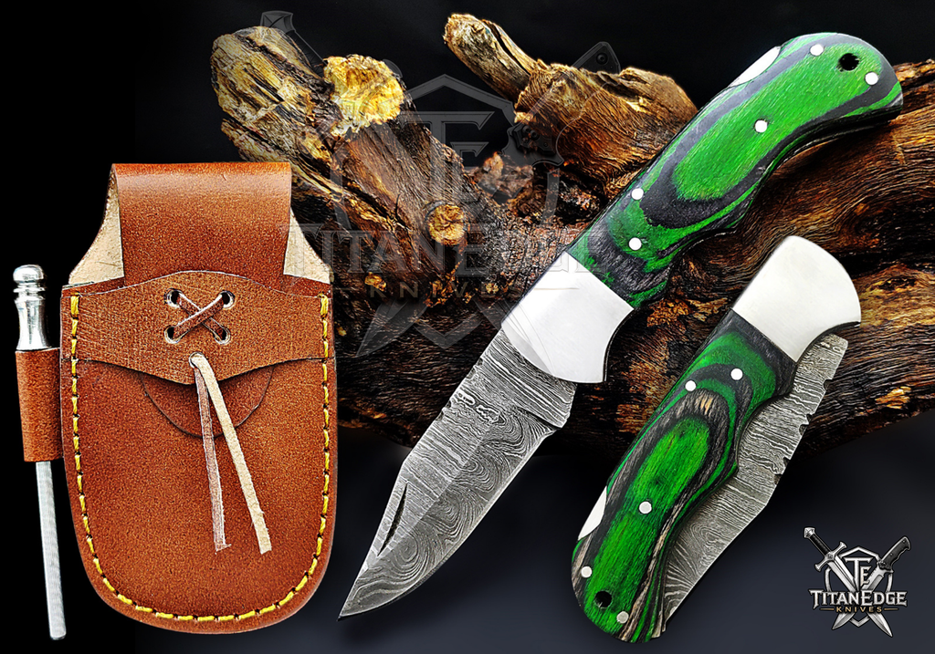 Personalized Handmade 6.75"Damascus Steel Pocket Knife, Folding EDC Hunting Knife, Wood Handle, Groomsmen Gift With Leather Sheath