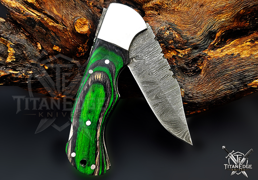 Personalized Handmade 6.75"Damascus Steel Pocket Knife, Folding EDC Hunting Knife, Wood Handle, Groomsmen Gift With Leather Sheath