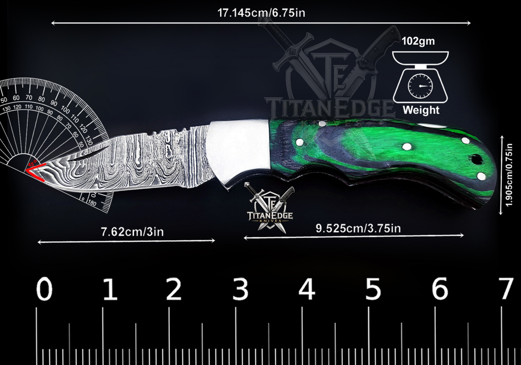 Personalized Handmade 6.75"Damascus Steel Pocket Knife, Folding EDC Hunting Knife, Wood Handle, Groomsmen Gift With Leather Sheath