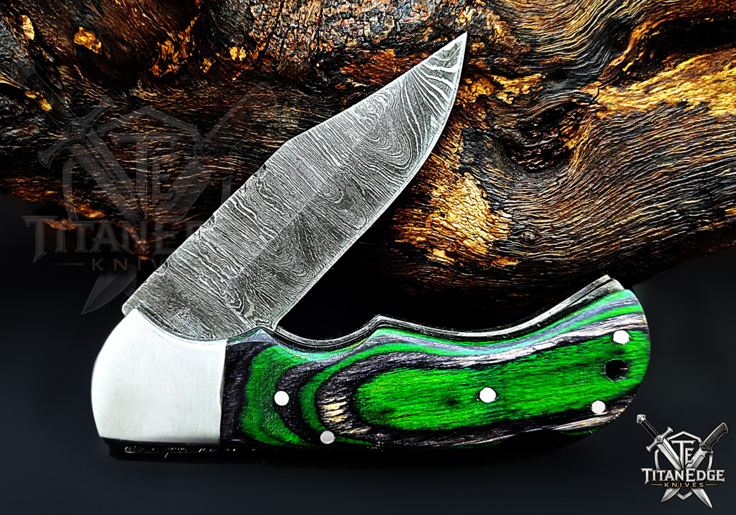 Personalized Handmade 6.75"Damascus Steel Pocket Knife, Folding EDC Hunting Knife, Wood Handle, Groomsmen Gift With Leather Sheath