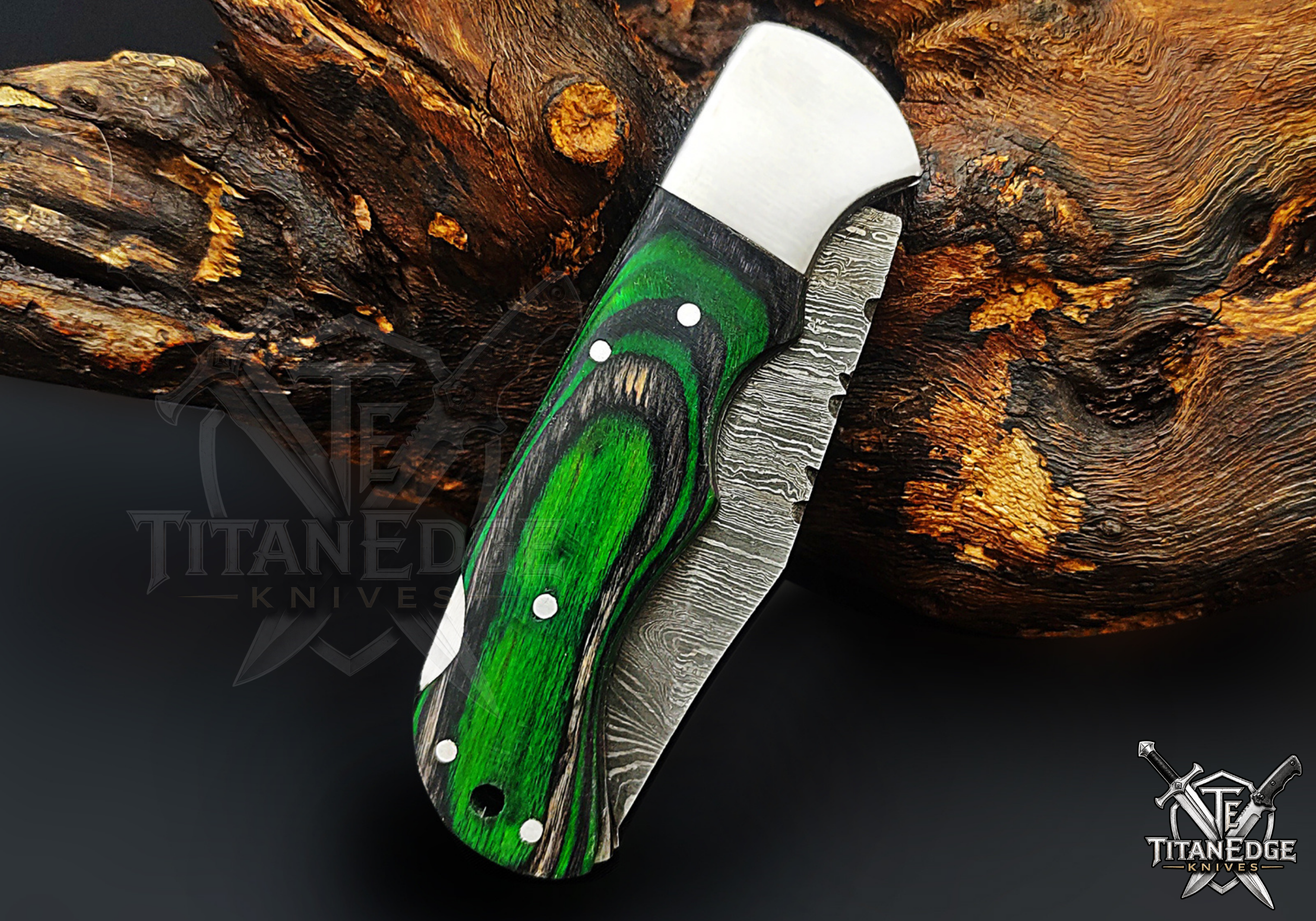 Personalized Handmade 6.75"Damascus Steel Pocket Knife, Folding EDC Hunting Knife, Wood Handle, Groomsmen Gift With Leather Sheath