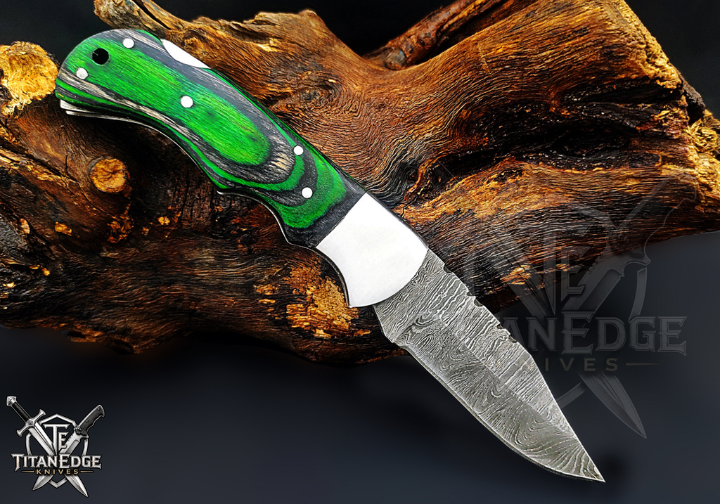 Personalized Handmade 6.75"Damascus Steel Pocket Knife, Folding EDC Hunting Knife, Wood Handle, Groomsmen Gift With Leather Sheath