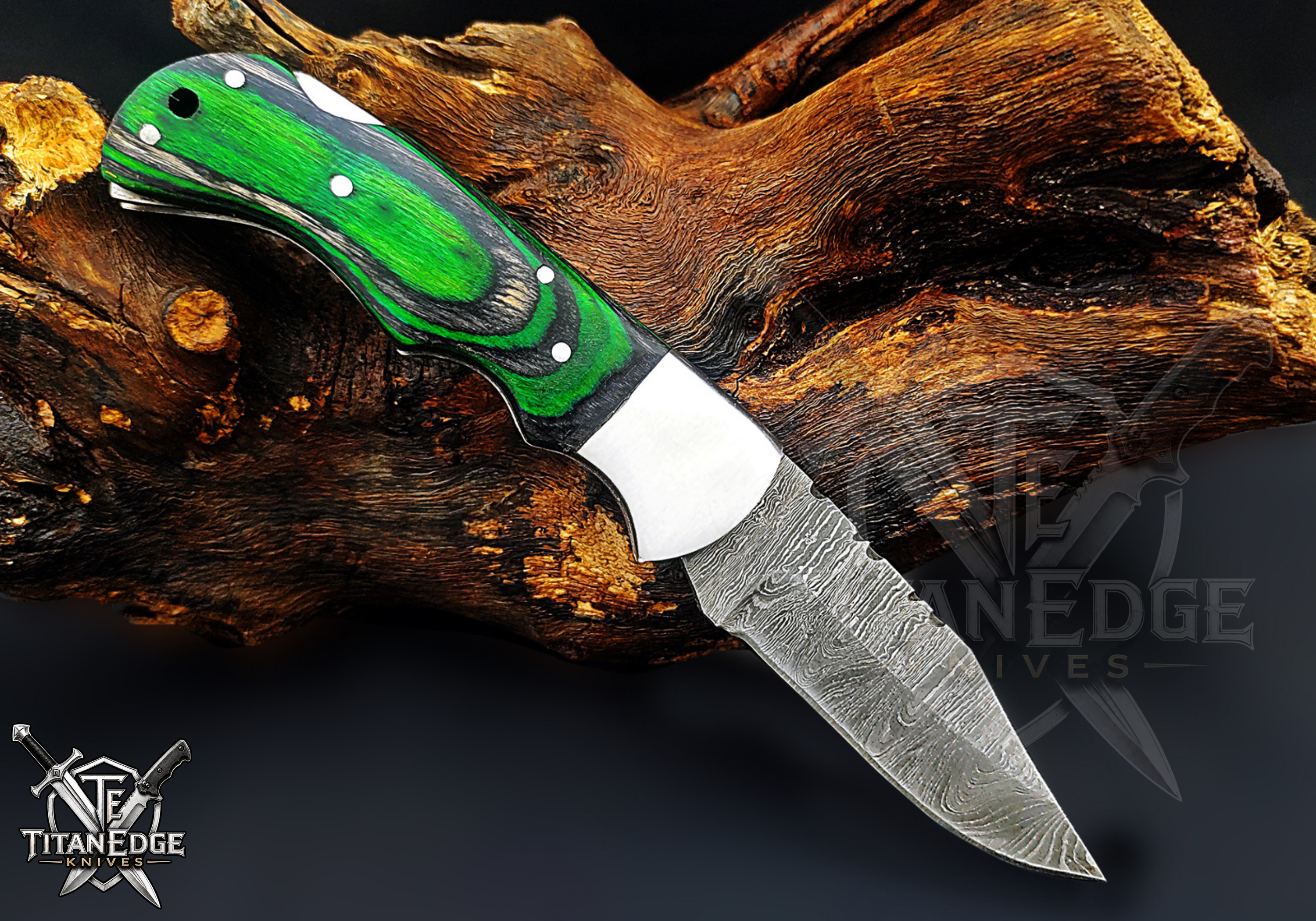 Personalized Handmade 6.75"Damascus Steel Pocket Knife, Folding EDC Hunting Knife, Wood Handle, Groomsmen Gift With Leather Sheath