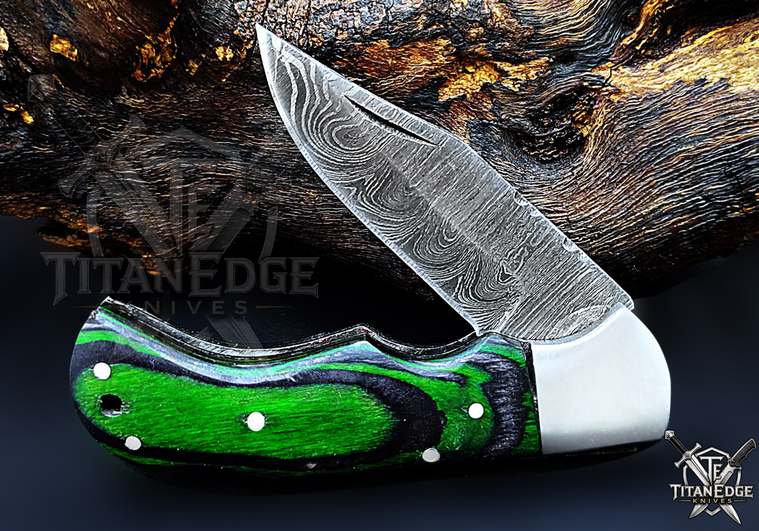 Personalized Handmade 6.75"Damascus Steel Pocket Knife, Folding EDC Hunting Knife, Wood Handle, Groomsmen Gift With Leather Sheath