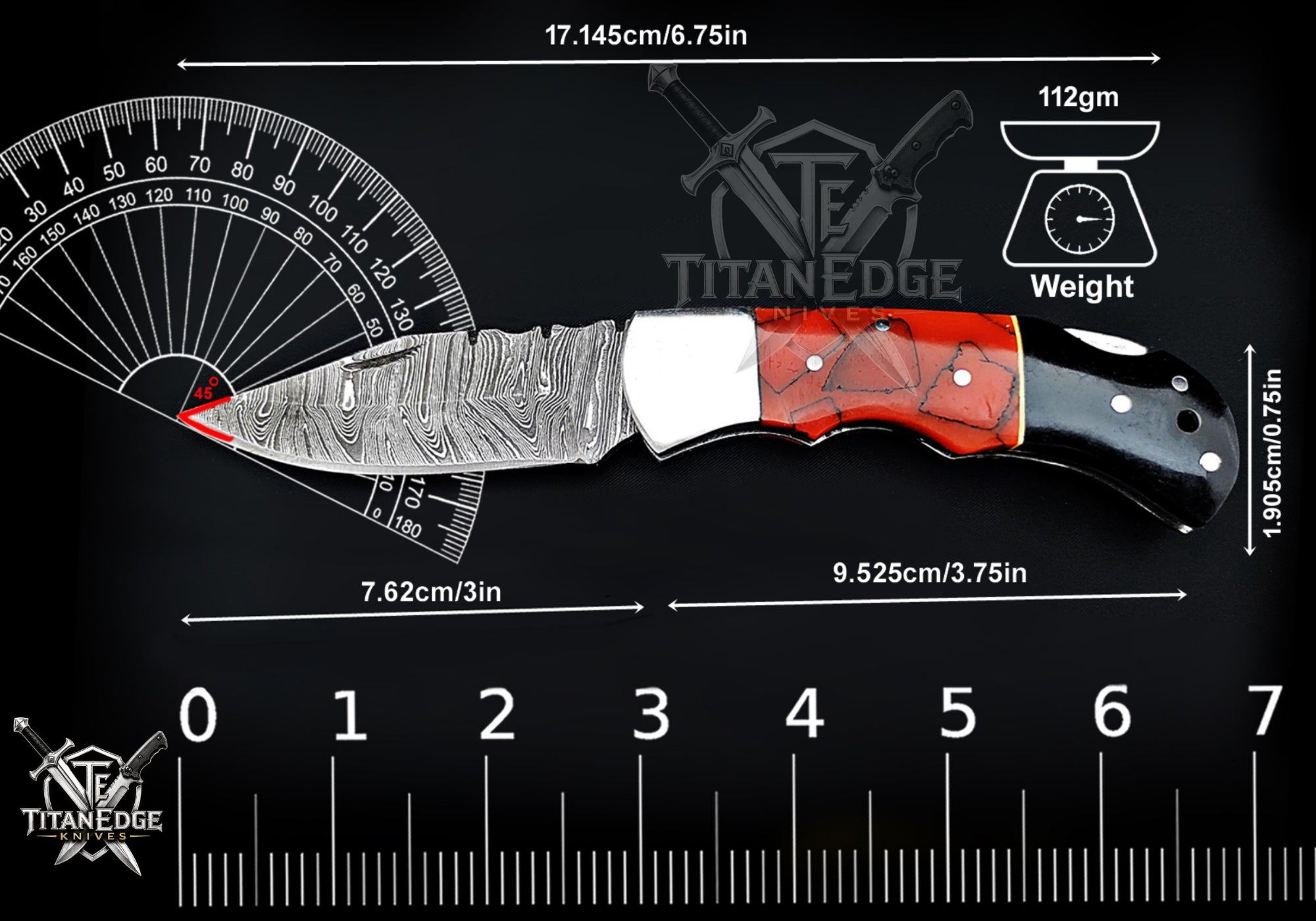 Personalized Handmade 6.75"Damascus Steel Pocket Knife, Folding EDC Hunting Knife, Resin Handle, Groomsmen Gift With Leather Sheath