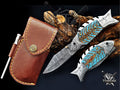 Handmade 7.5 Inch Damascus Steel Pocket Knife, Folding EDC Fishing Knife, Fish Skeleton Handle, Men's Gift With Sheath