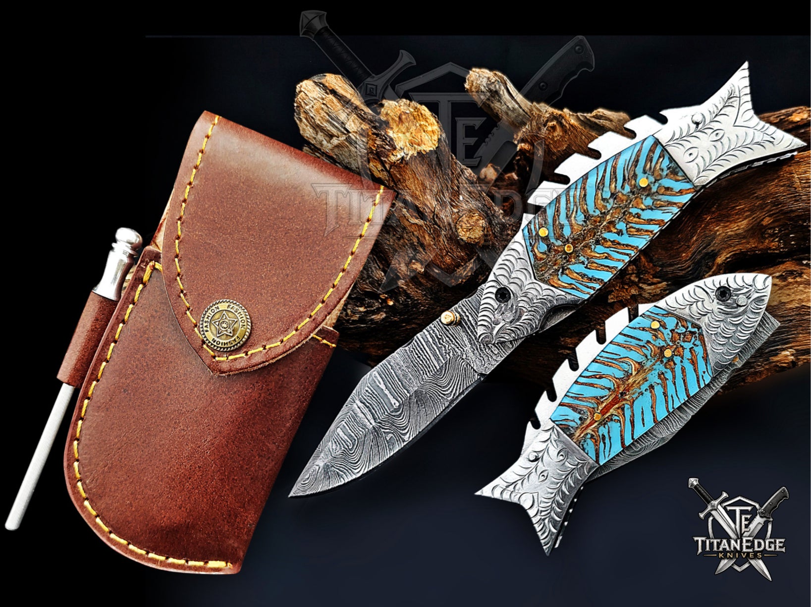 Handmade 7.5 Inch Damascus Steel Pocket Knife, Folding EDC Fishing Knife, Fish Skeleton Handle, Men's Gift With Sheath