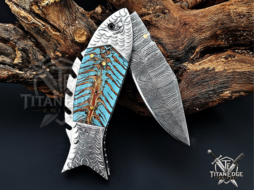 Handmade 7.5 Inch Damascus Steel Pocket Knife, Folding EDC Fishing Knife, Fish Skeleton Handle, Men's Gift With Sheath