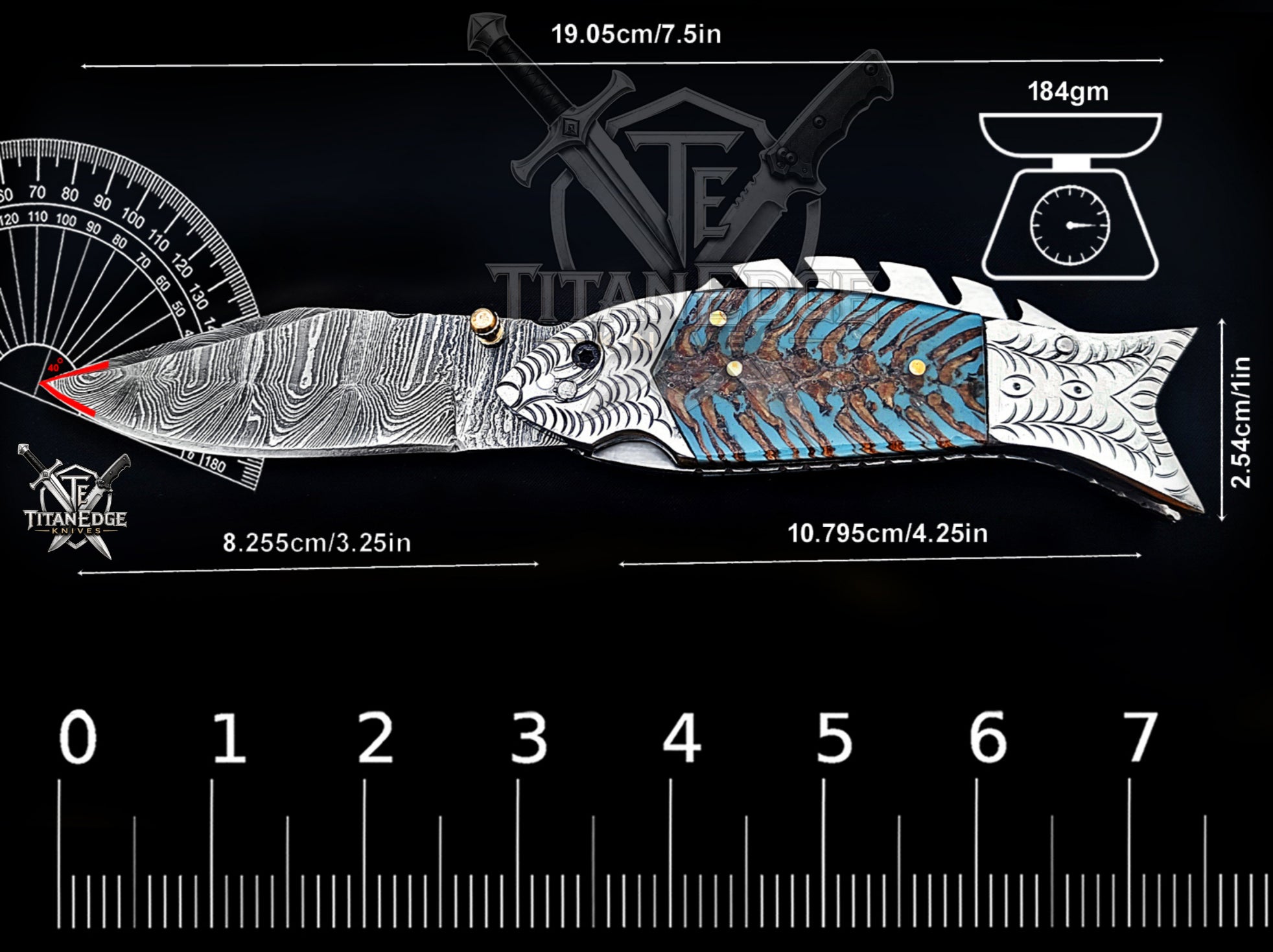 Handmade 7.5 Inch Damascus Steel Pocket Knife, Folding EDC Fishing Knife, Fish Skeleton Handle, Men's Gift With Sheath