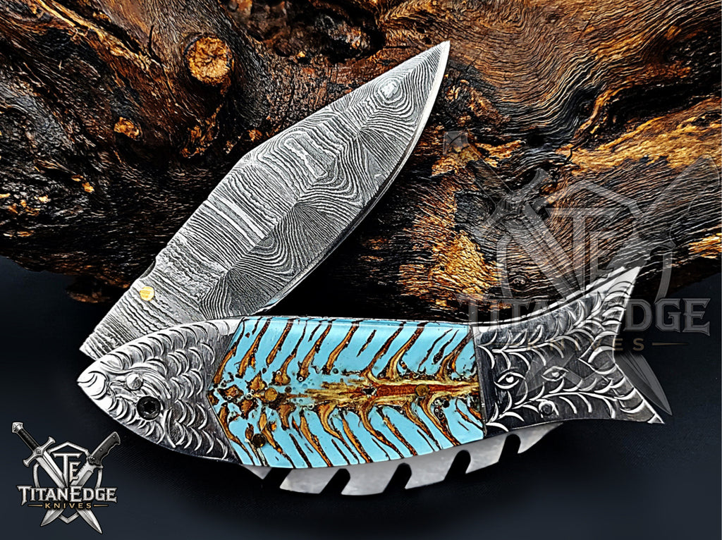 Handmade 7.5 Inch Damascus Steel Pocket Knife, Folding EDC Fishing Knife, Fish Skeleton Handle, Men's Gift With Sheath