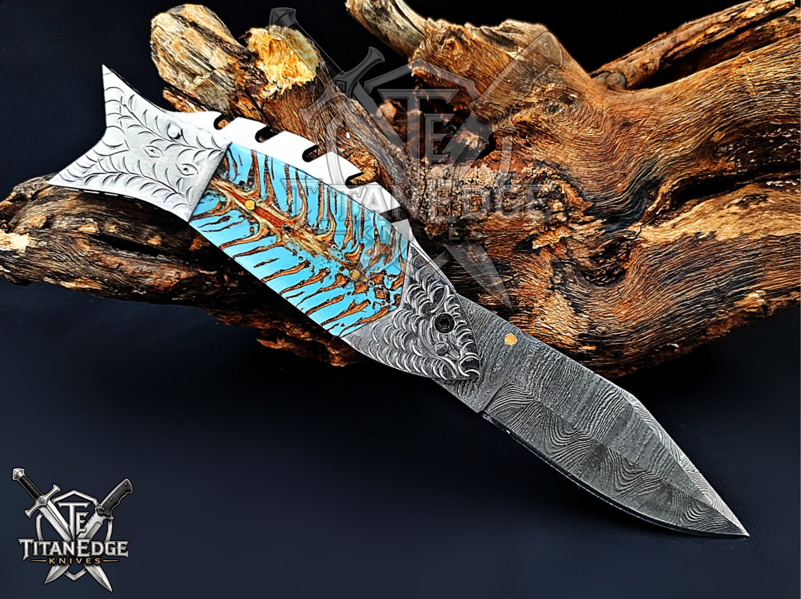 Handmade 7.5 Inch Damascus Steel Pocket Knife, Folding EDC Fishing Knife, Fish Skeleton Handle, Men's Gift With Sheath