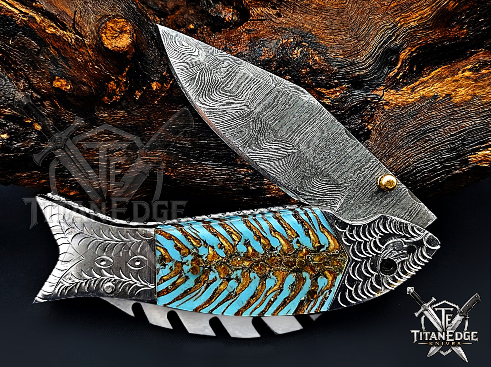 Handmade 7.5 Inch Damascus Steel Pocket Knife, Folding EDC Fishing Knife, Fish Skeleton Handle, Men's Gift With Sheath