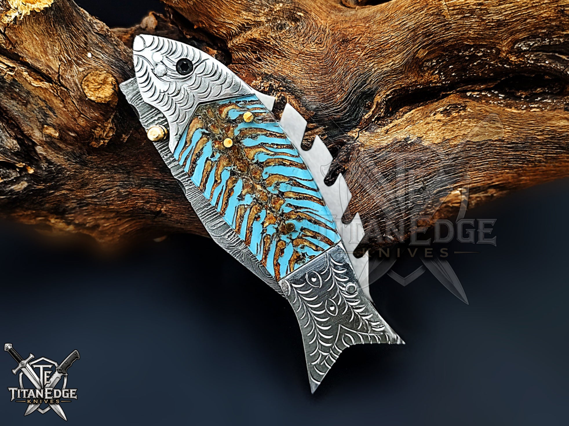 Handmade 7.5 Inch Damascus Steel Pocket Knife, Folding EDC Fishing Knife, Fish Skeleton Handle, Men's Gift With Sheath