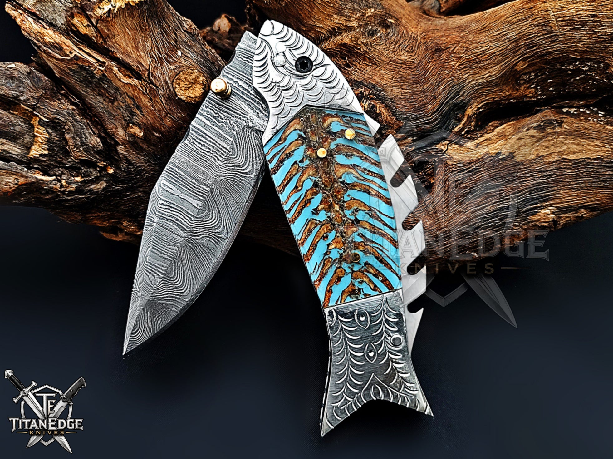 Handmade 7.5 Inch Damascus Steel Pocket Knife, Folding EDC Fishing Knife, Fish Skeleton Handle, Men's Gift With Sheath