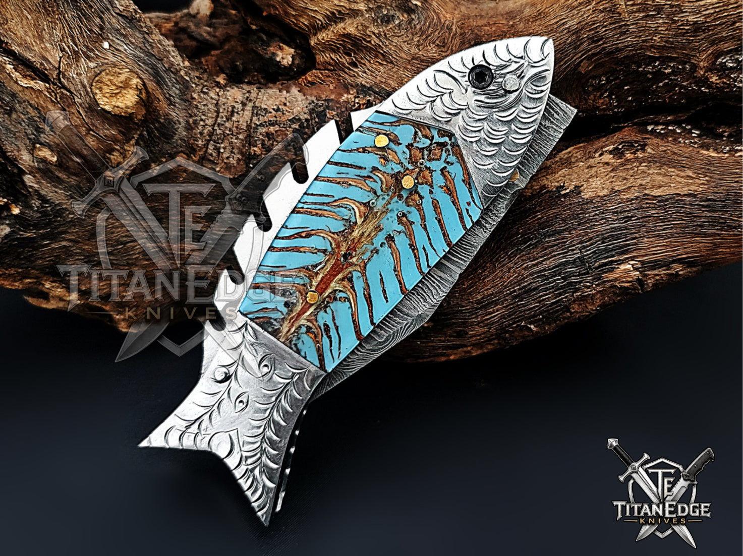 Handmade 7.5 Inch Damascus Steel Pocket Knife, Folding EDC Fishing Knife, Fish Skeleton Handle, Men's Gift With Sheath