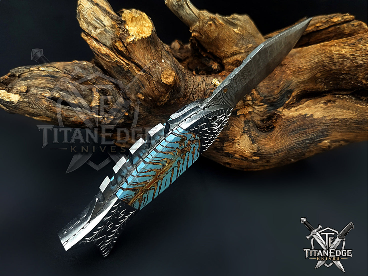 Handmade 7.5 Inch Damascus Steel Pocket Knife, Folding EDC Fishing Knife, Fish Skeleton Handle, Men's Gift With Sheath