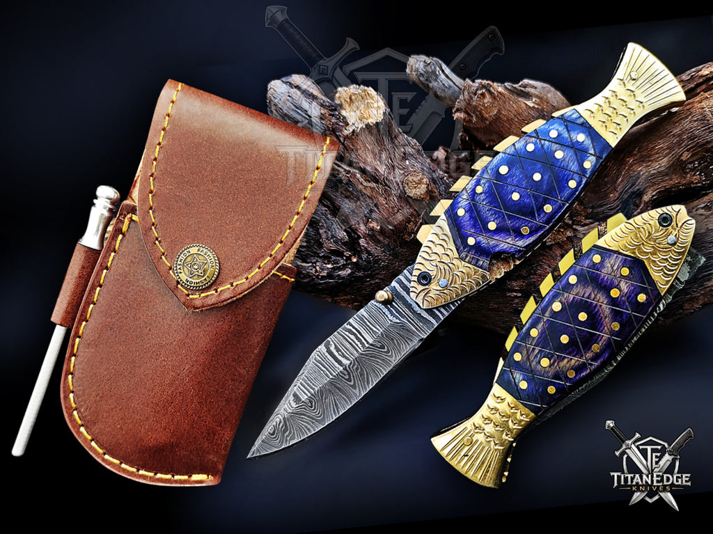 Handmade 7.5" Damascus Steel Pocket Knife, Folding EDC Fish Knife, Wood Handle, Groomsmen Gift With Leather Sheath