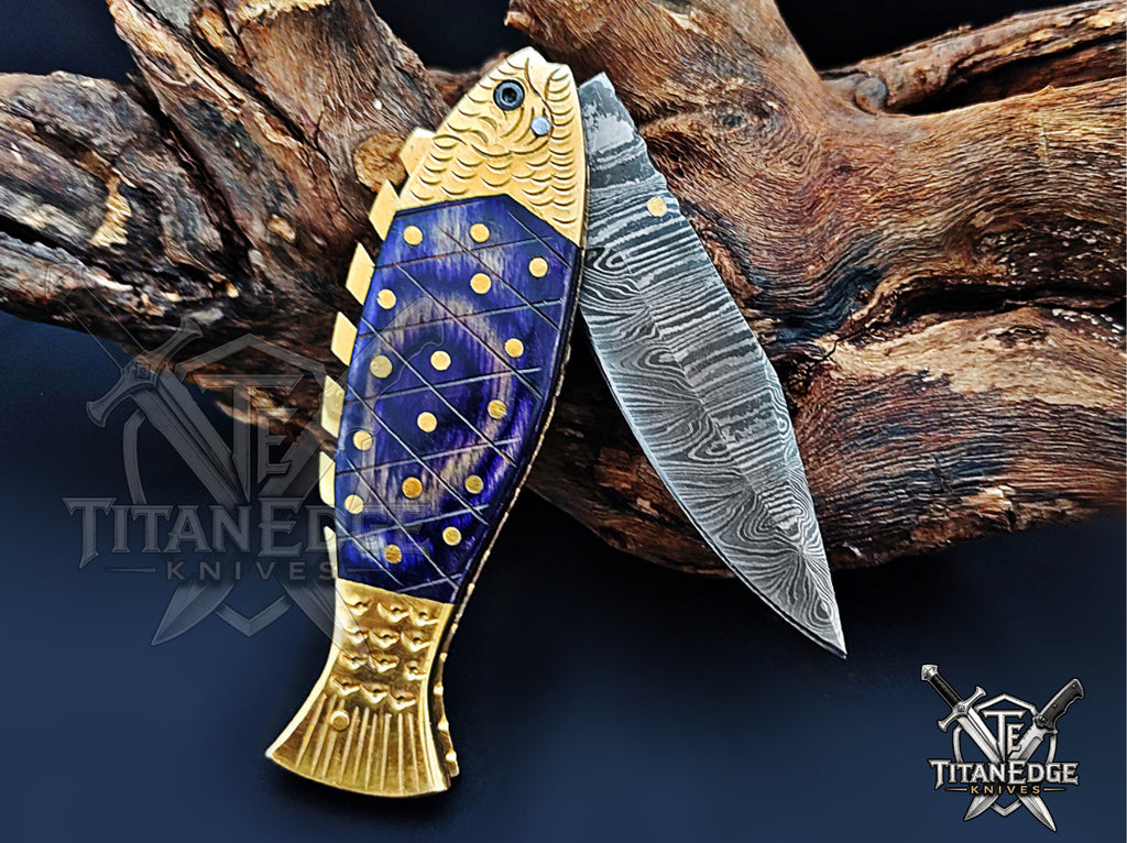 Handmade 7.5" Damascus Steel Pocket Knife, Folding EDC Fish Knife, Wood Handle, Groomsmen Gift With Leather Sheath