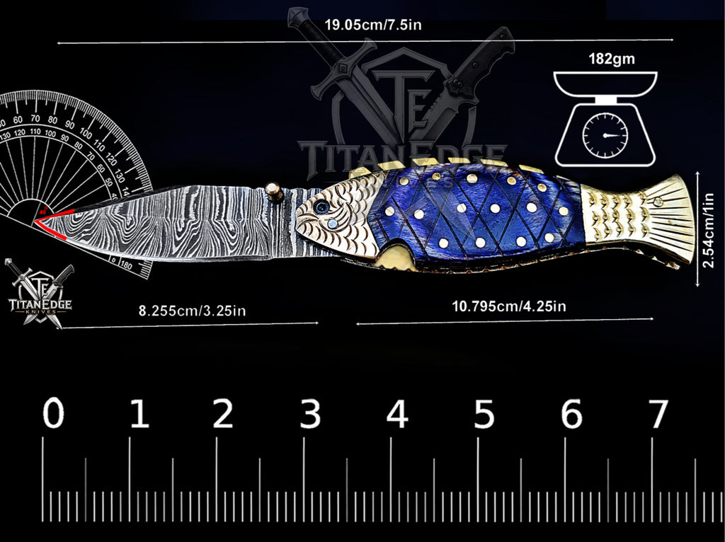 Handmade 7.5" Damascus Steel Pocket Knife, Folding EDC Fish Knife, Wood Handle, Groomsmen Gift With Leather Sheath