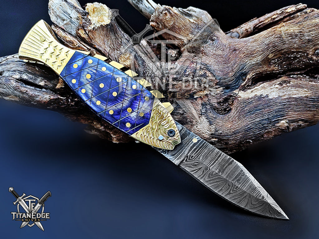 Handmade 7.5" Damascus Steel Pocket Knife, Folding EDC Fish Knife, Wood Handle, Groomsmen Gift With Leather Sheath