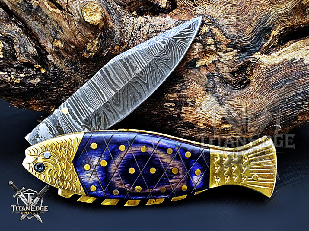 Handmade 7.5" Damascus Steel Pocket Knife, Folding EDC Fish Knife, Wood Handle, Groomsmen Gift With Leather Sheath