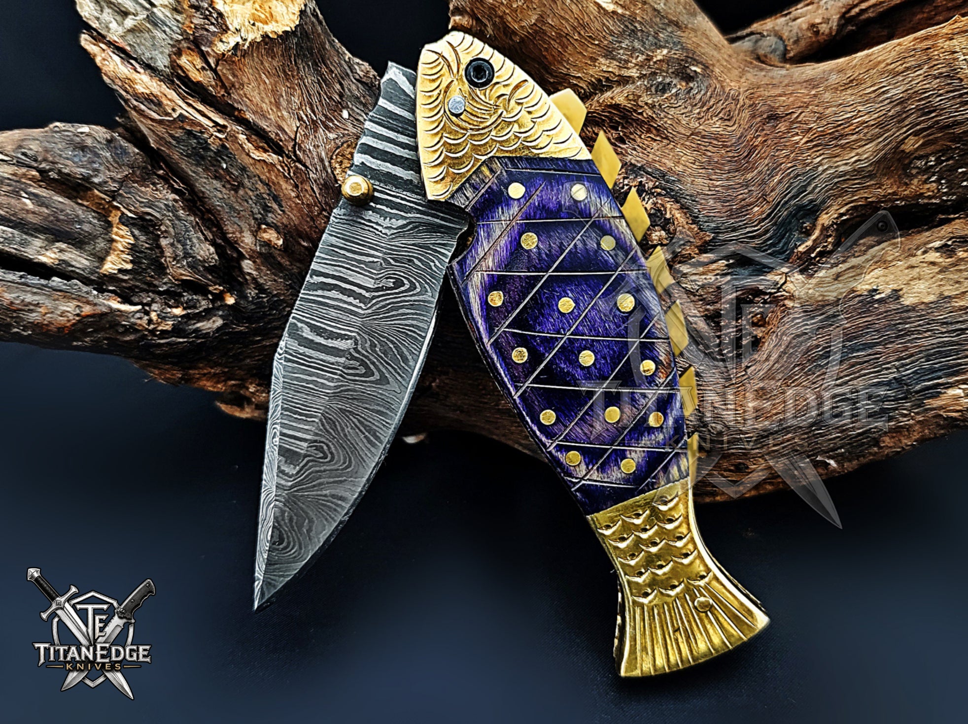 Handmade 7.5" Damascus Steel Pocket Knife, Folding EDC Fish Knife, Wood Handle, Groomsmen Gift With Leather Sheath