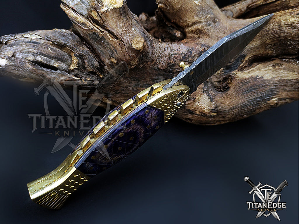 Handmade 7.5" Damascus Steel Pocket Knife, Folding EDC Fish Knife, Wood Handle, Groomsmen Gift With Leather Sheath