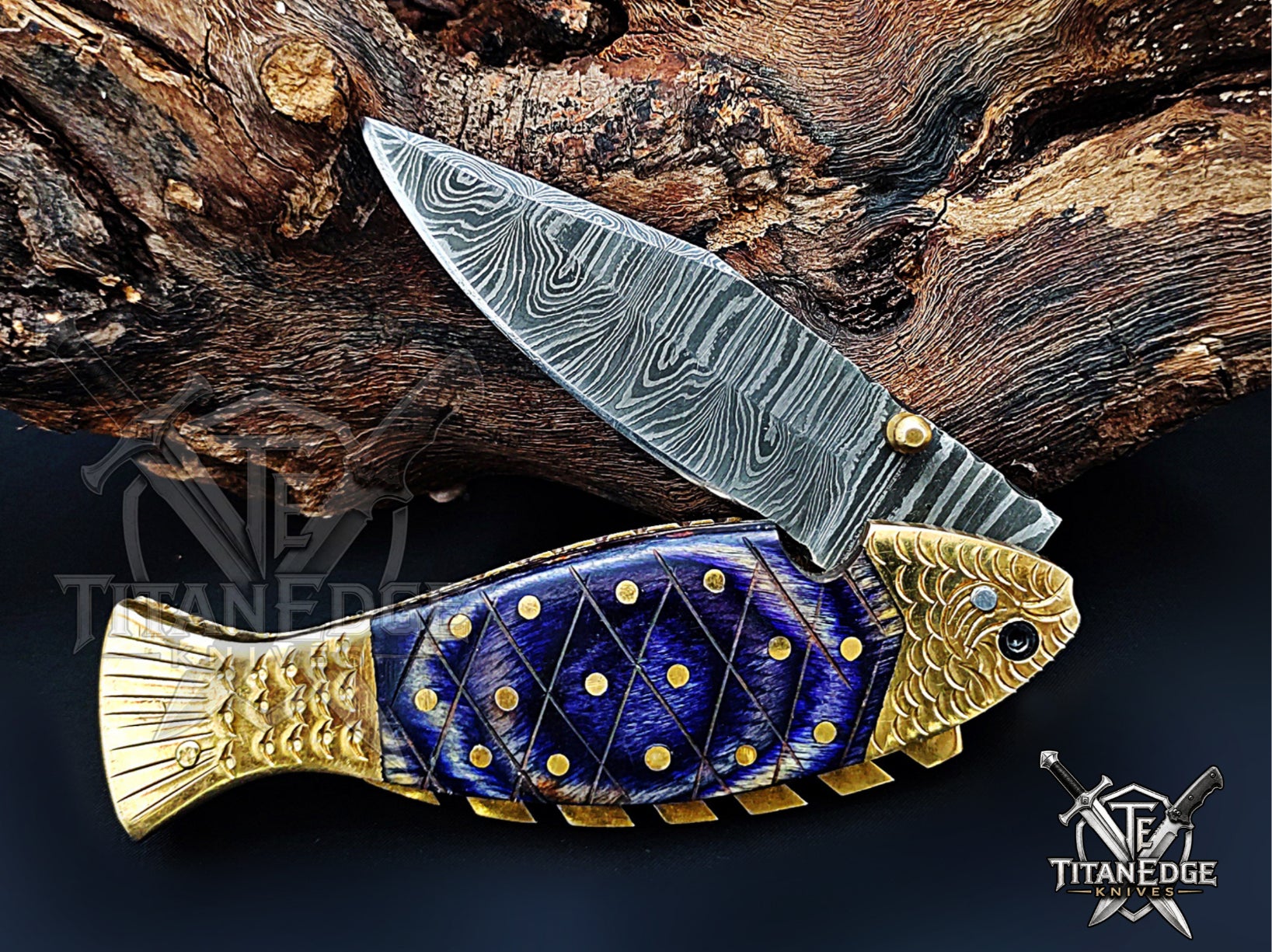 Handmade 7.5" Damascus Steel Pocket Knife, Folding EDC Fish Knife, Wood Handle, Groomsmen Gift With Leather Sheath