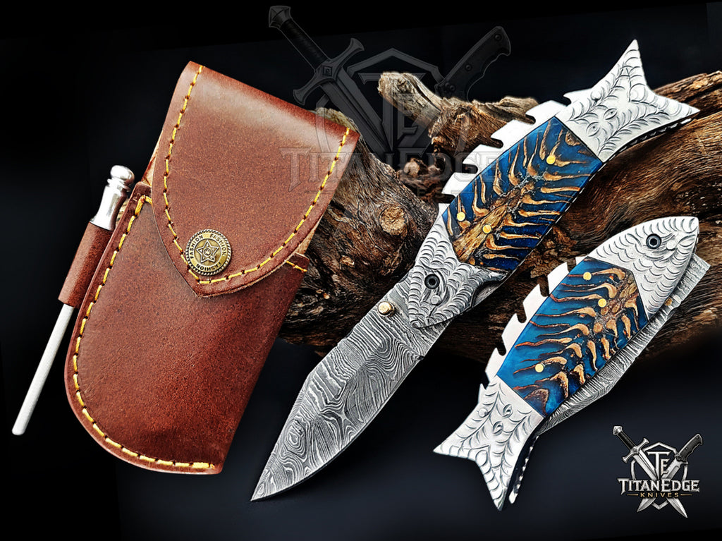Handmade 7.5 Inch Damascus Steel Pocket Knife, Folding EDC Fishing Knife, Fish Skeleton Handle, Men's Gift With Sheath