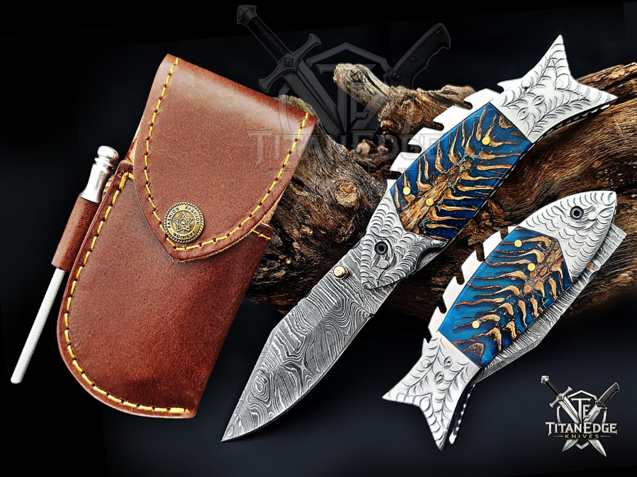 Handmade 7.5 Inch Damascus Steel Pocket Knife, Folding EDC Fishing Knife, Fish Skeleton Handle, Men's Gift With Sheath